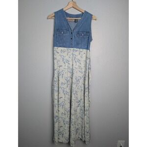 Vintage Express Dress Womens 4 Blue Denim Jean Bodice Floral Maxi Sundress 90s